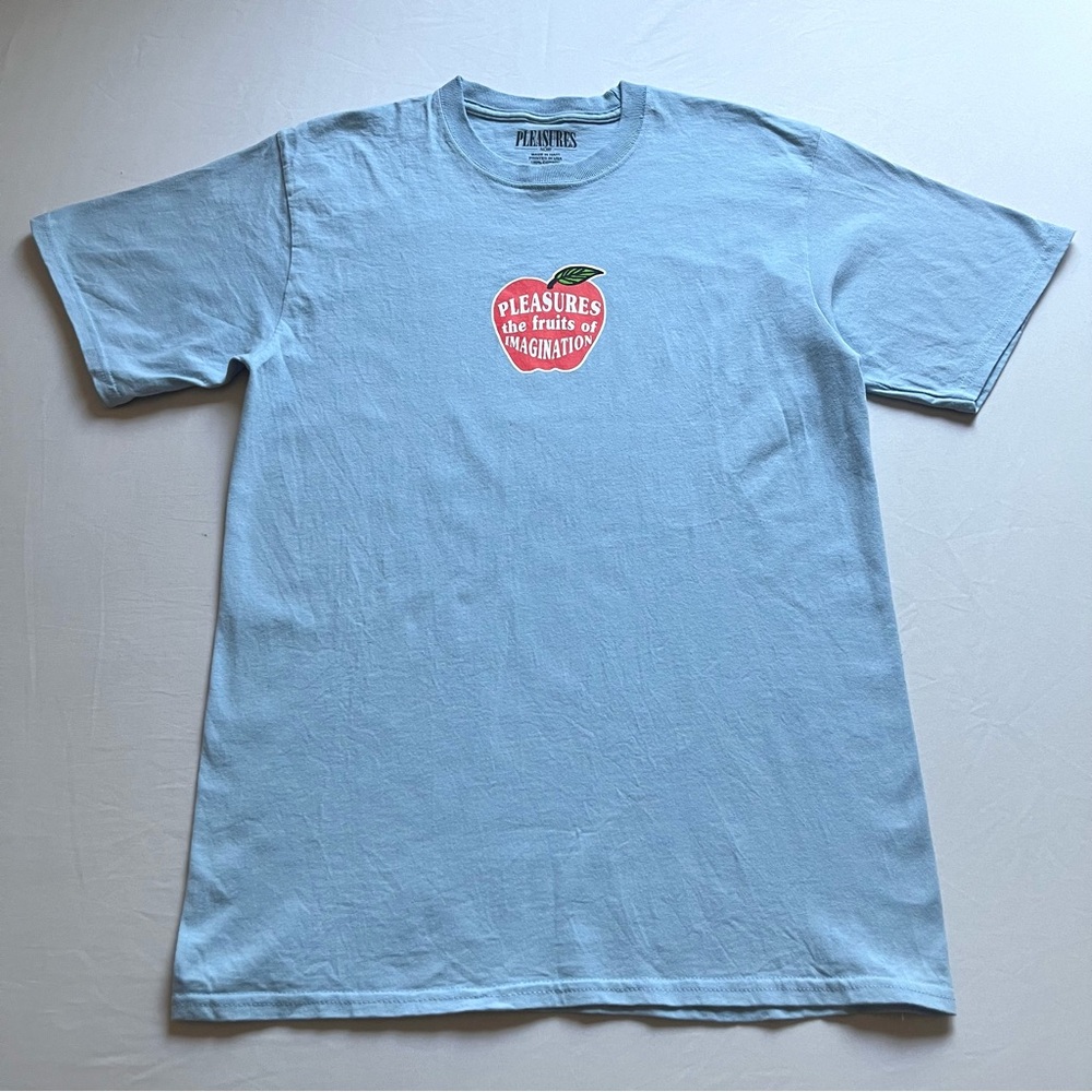 PLEASURES NOW blue logo Apple graphic crew neck short sleeve T-shirt